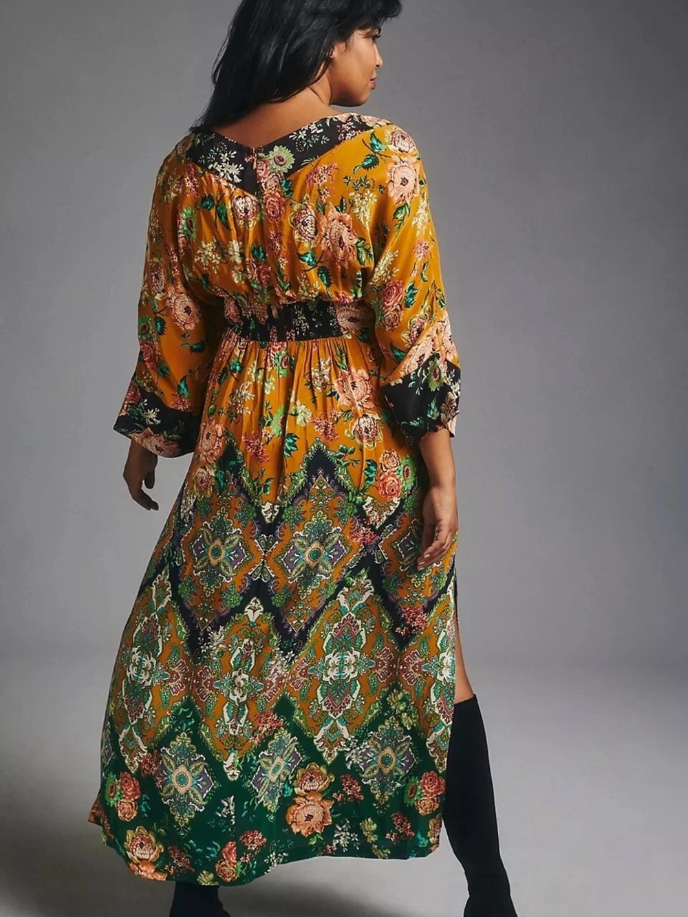 Anthropologie Mustard and Green Floral V-Neck Maxi Dress - Picture 2 of 13